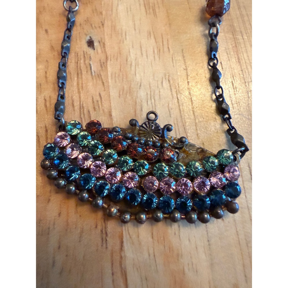Belladonna Toronto Canada Purse Pendant Necklace Rhinestone Multi Color Bronze